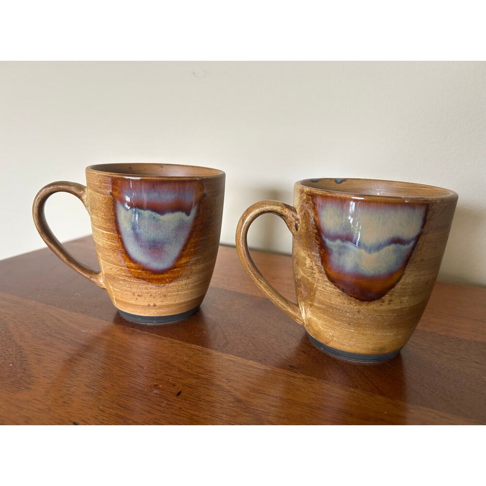 2 Mugs - Sango Splash Brown Drip Glaze Stoneware